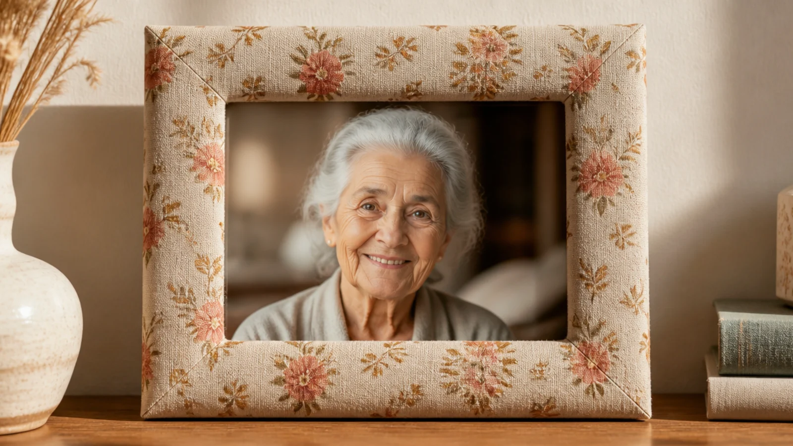 A frame wrapped in soft floral cotton fabric with neat corners, holding a photo of a grandmother.
