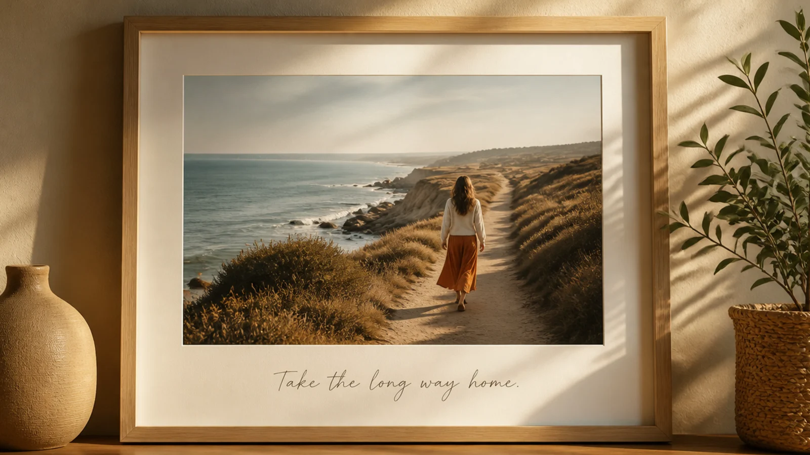 A cream frame with a short meaningful quote hand-lettered along the wide bottom border below a photo.
