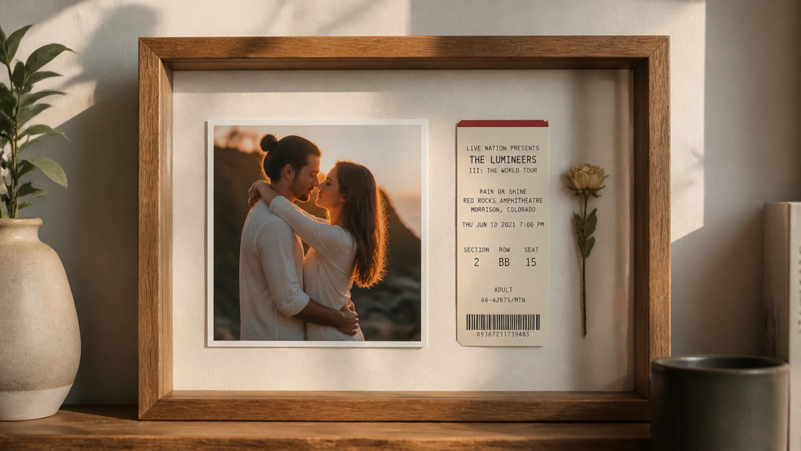 A deep shadow-box frame holding a photo beside a concert ticket and a small dried flower.