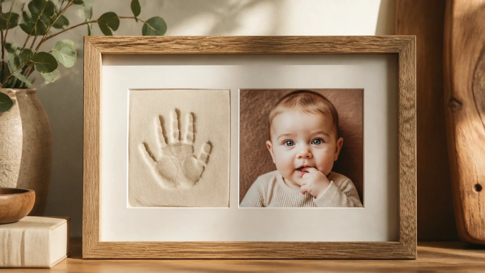 A frame with a small air-dry clay tile bearing a child's handprint set beside a baby photo.