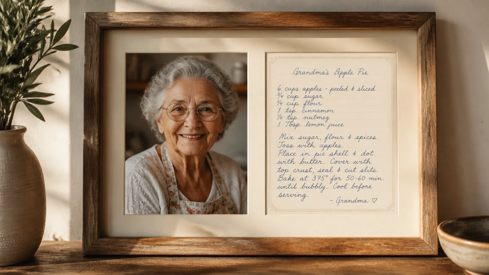 A frame holding a photo of a grandmother beside her handwritten recipe card in her own handwriting.
