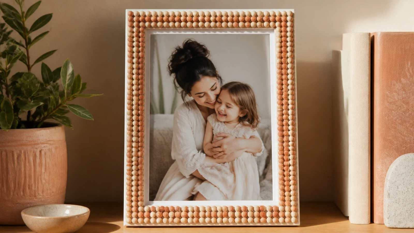 A frame edged with small cream and terracotta beads glued in a neat single row around the opening.