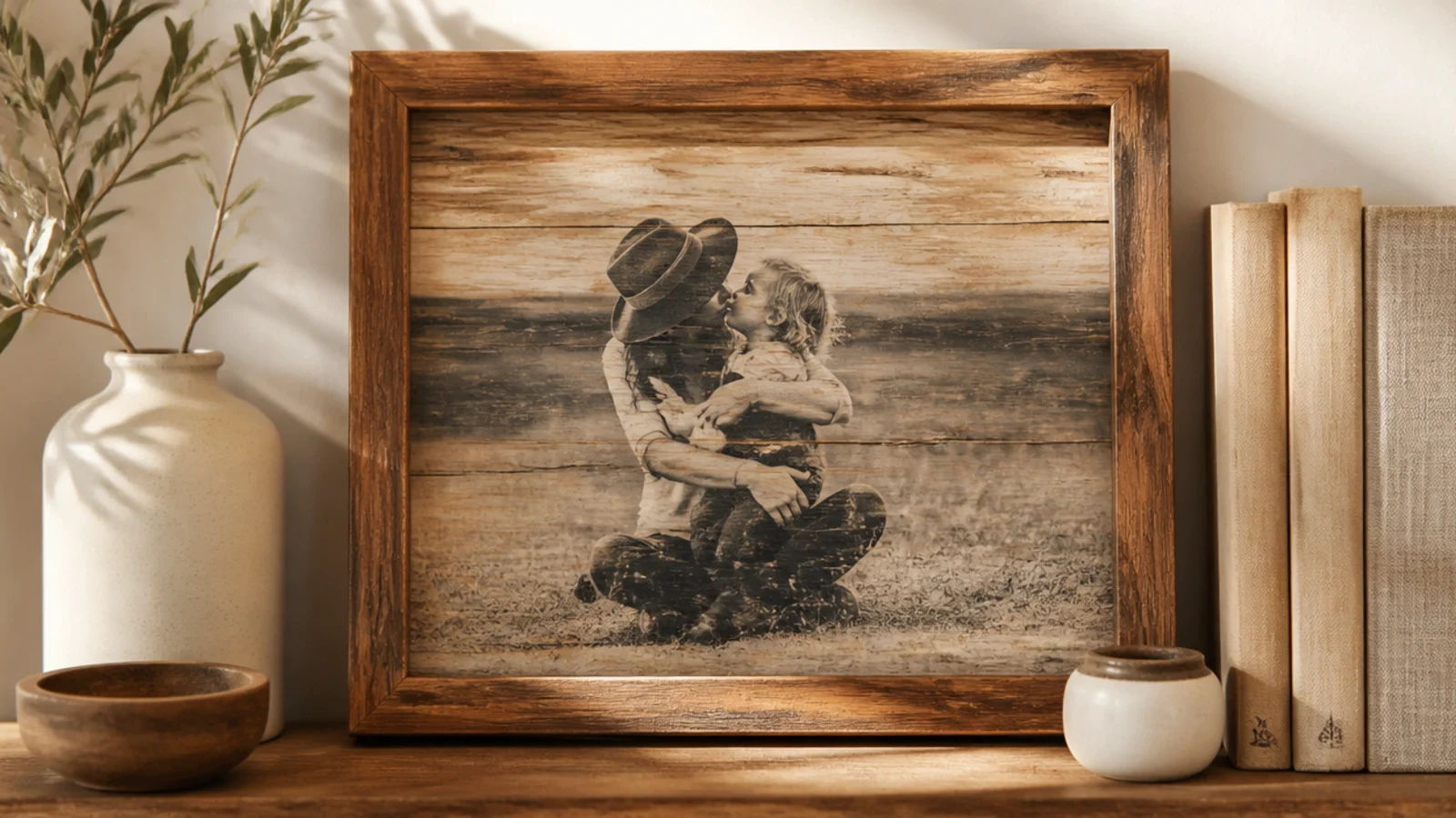 A wood frame with a faded photo image transferred directly onto the wood grain, soft vintage effect.
