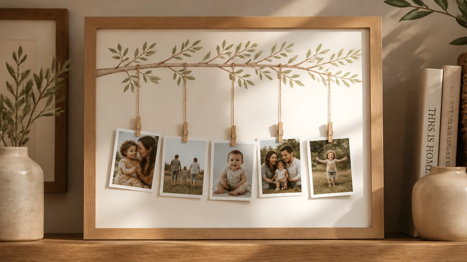 A frame with a simple painted tree branch across the top, small photos hanging from it like leaves.