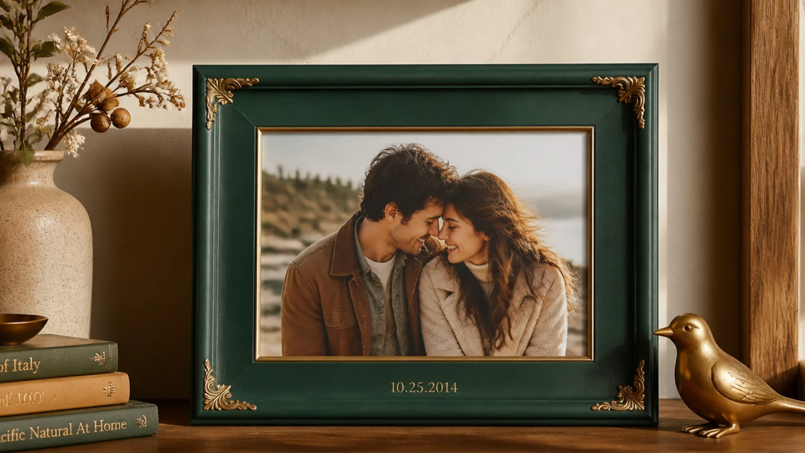 A deep green frame with gold-leaf corners and a small engraved anniversary date, holding a couple's photo.