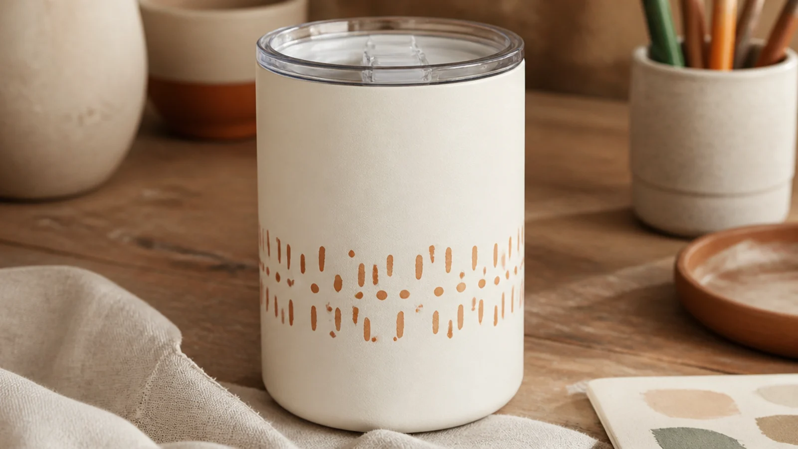 A cream powder-coated stainless tumbler with simple hand-drawn terracotta dashes and dots in a loose band around the middle, matte finish.