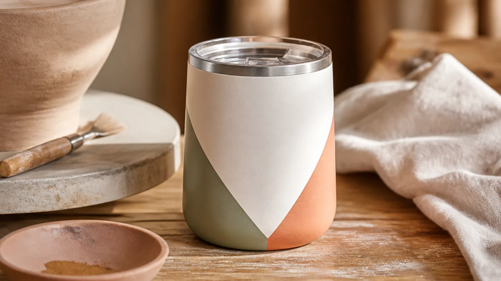 A white stainless tumbler with a clean geometric pattern of angled color-blocked triangles in sage and terracotta painted around the lower half.