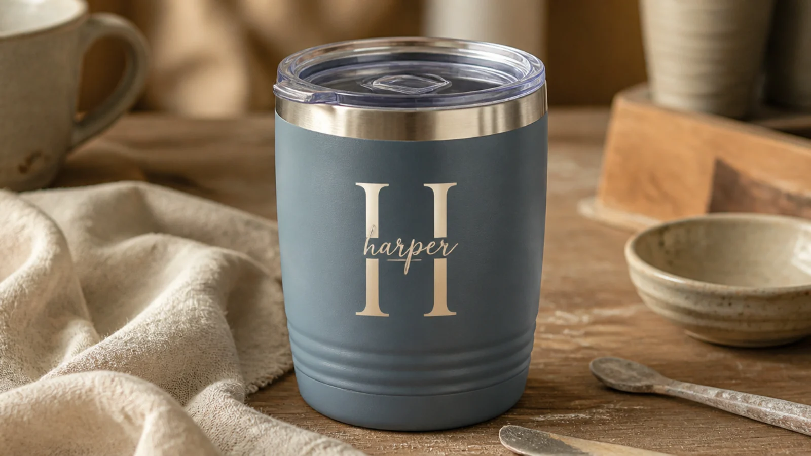 A dusty-blue stainless tumbler with a single cream serif monogram initial and a small name in clean script applied in permanent vinyl on the front.