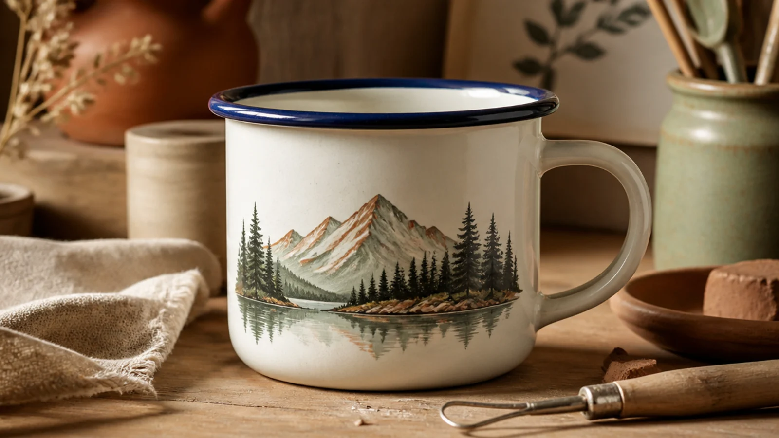 A classic white enamel camp mug with a navy rim and a small hand-painted mountain-and-pine scene on the side in muted greens and terracotta.
