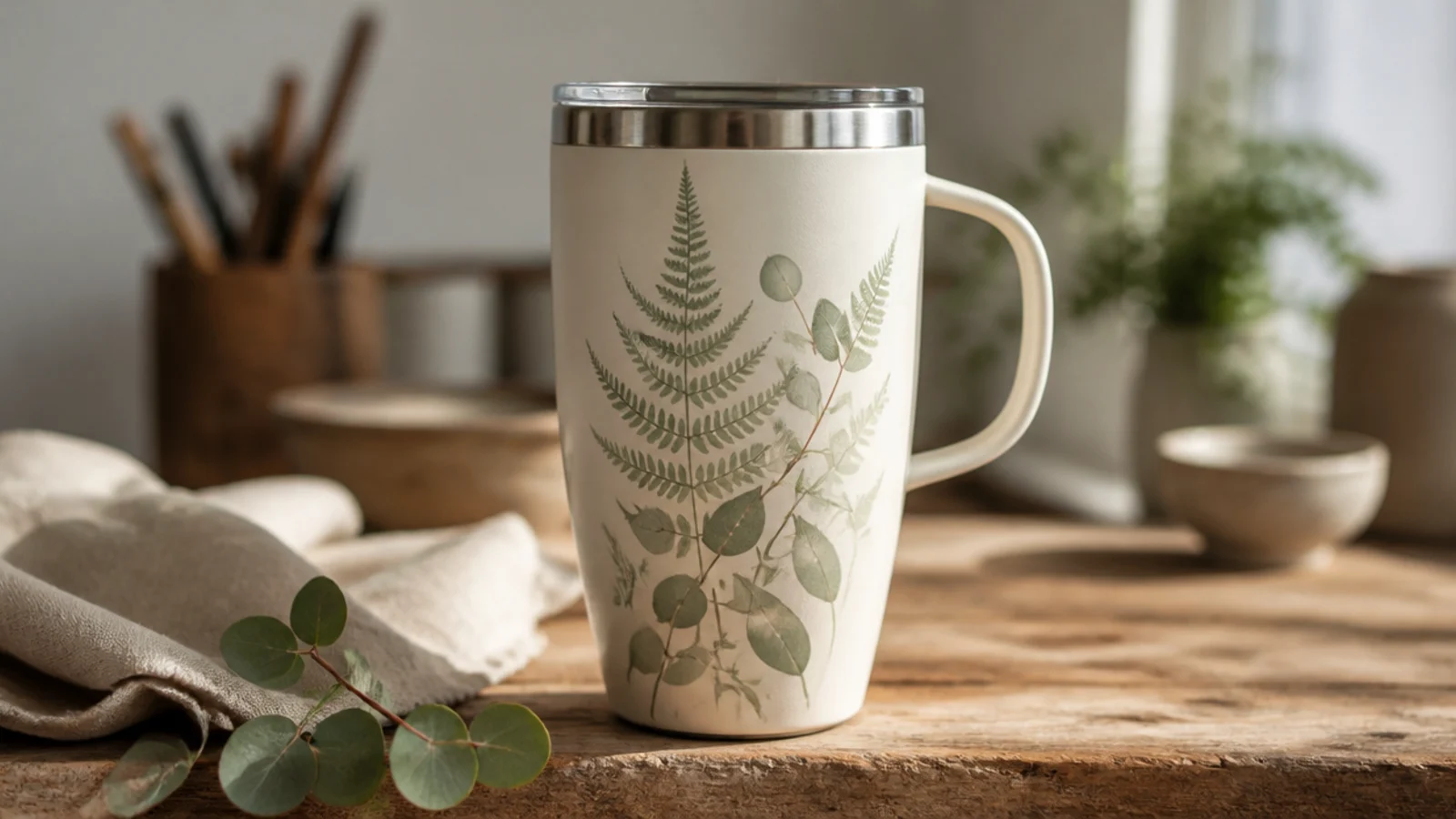 A cream stainless travel mug with a delicate sage-green fern and eucalyptus silhouette painted around one side using a real leaf as a stencil.