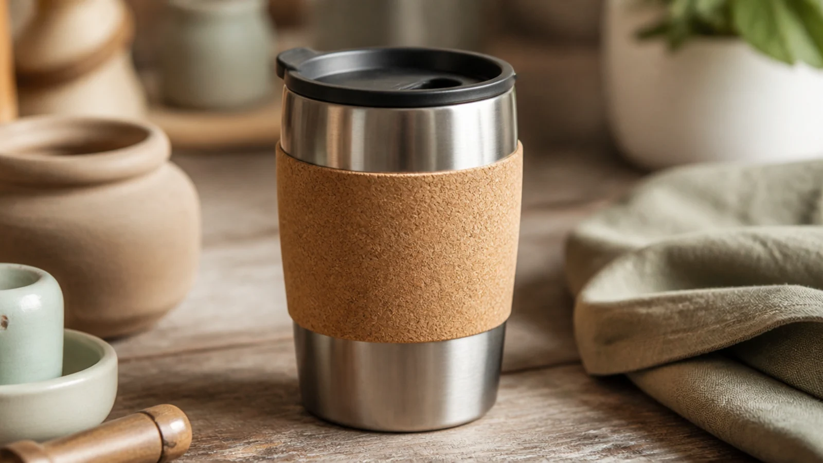 A stainless travel mug wrapped mid-body in a natural cork sleeve with a neat glued seam, warm tan cork against brushed silver metal.