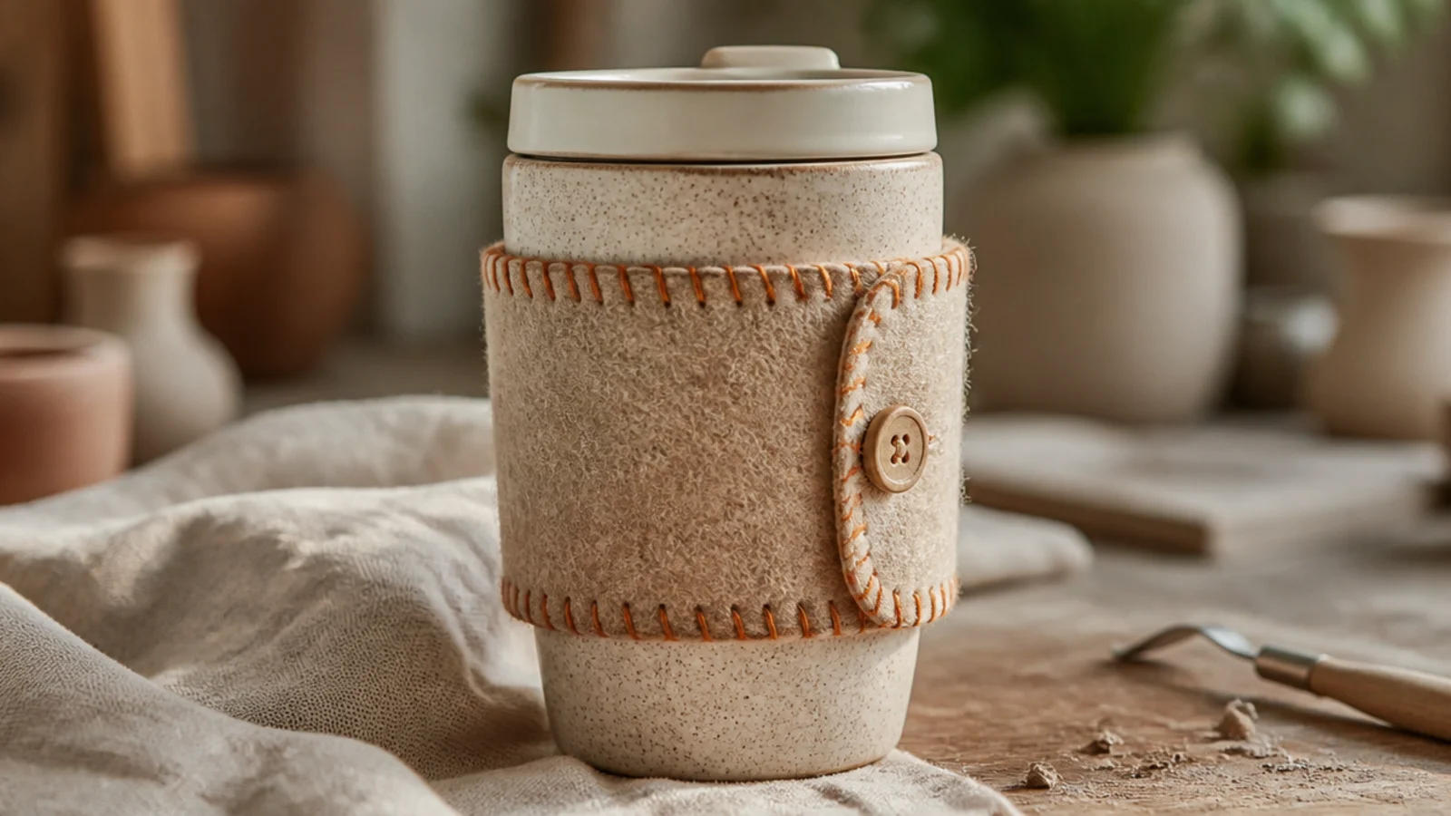 A travel mug wrapped in a soft oatmeal wool-felt cozy with visible terracotta blanket-stitch edges and a small button closure.