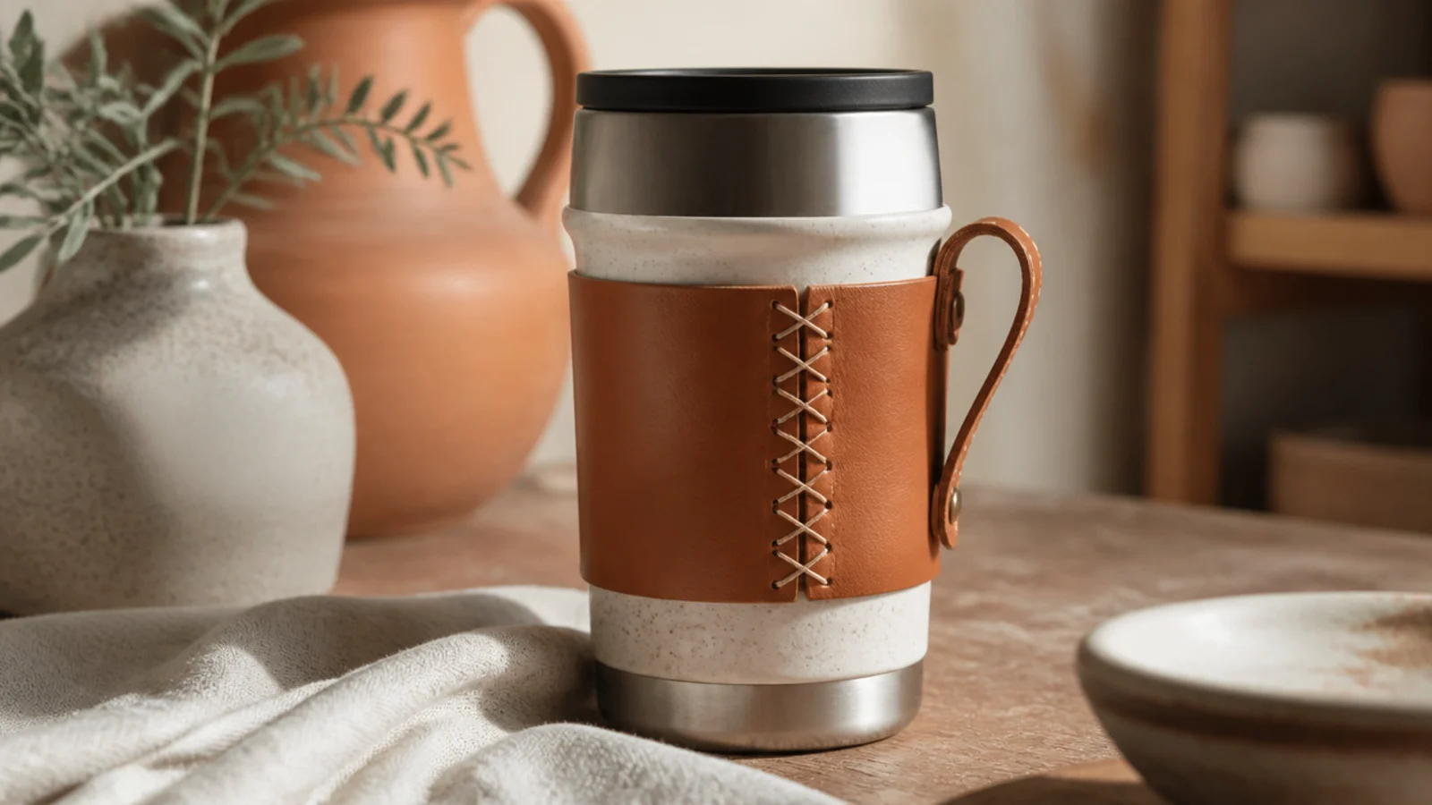 A stainless travel mug with a tan leather wrap laced around the mid-body forming a small carry loop, secured with waxed thread stitching.