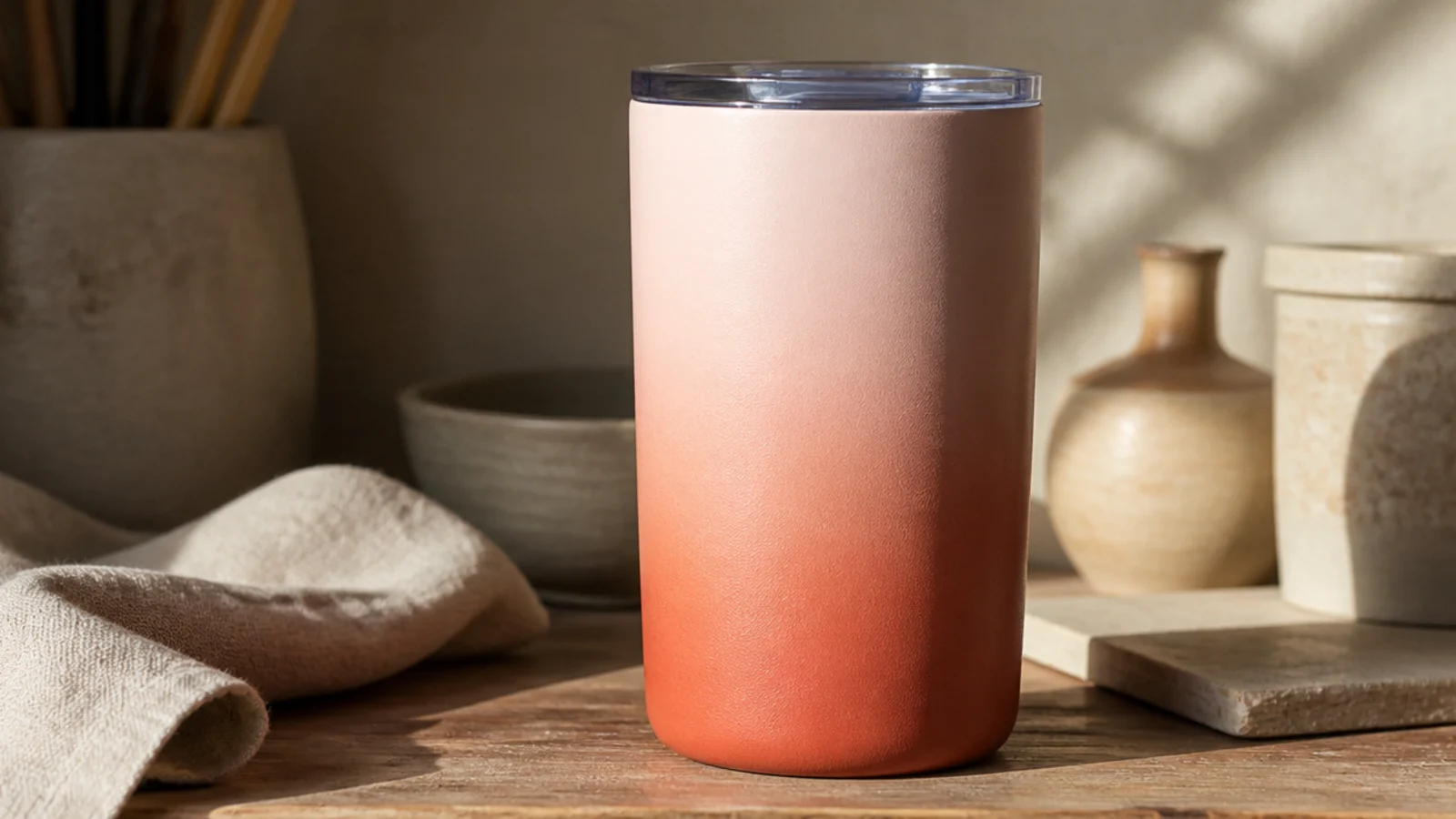A stainless tumbler with a soft ombré fade from deep terracotta at the base to pale blush at the top, smooth and even with no visible line.