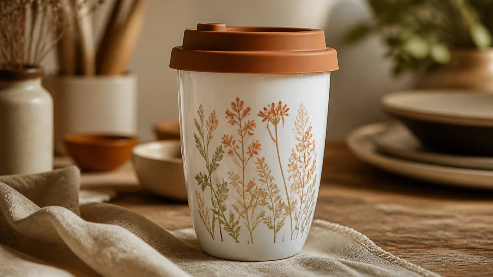 A glazed white ceramic keep-cup with a silicone lid and a delicate terracotta wildflower waterslide decal wrapping one side, glossy finish.