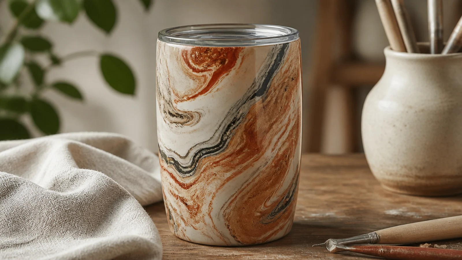 A stainless tumbler with a swirling marbled finish in cream, terracotta, and soft charcoal veining wrapping fully around the body, sealed glossy.