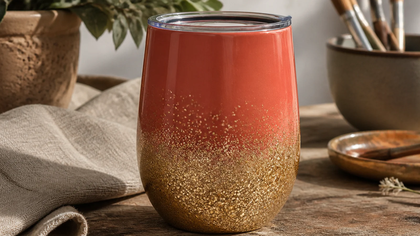 A stainless tumbler coated in a smooth glassy epoxy finish over a terracotta base with a fine gold glitter ombré rising from the bottom, high-gloss.