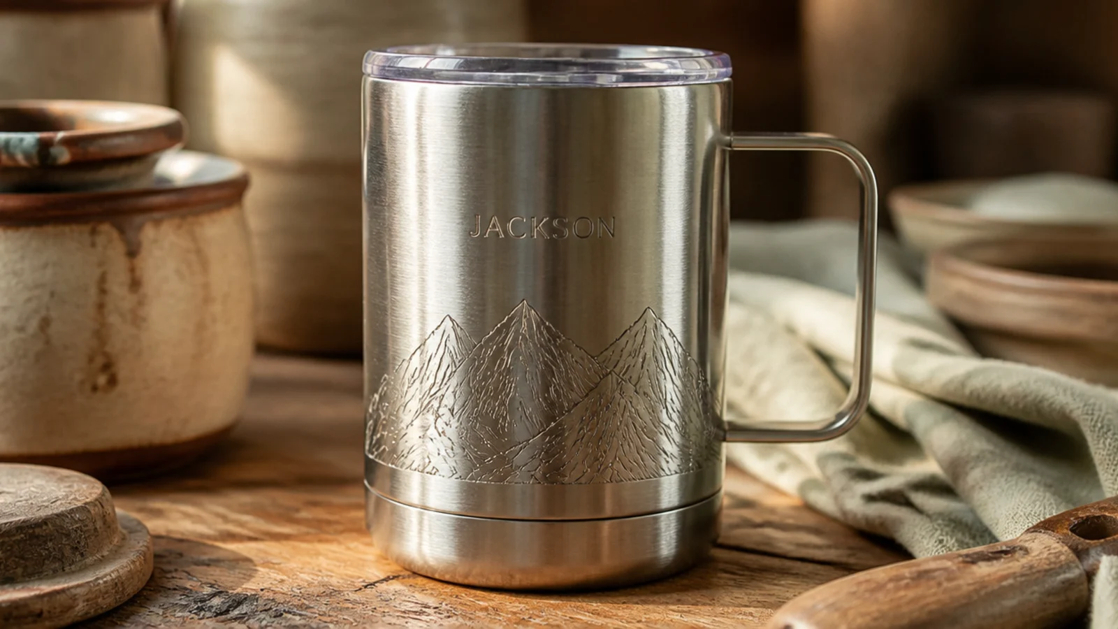 A brushed-steel insulated bottle-style travel mug with a fine engraved line-art mountain range and a small name cut cleanly into the metal, no paint.