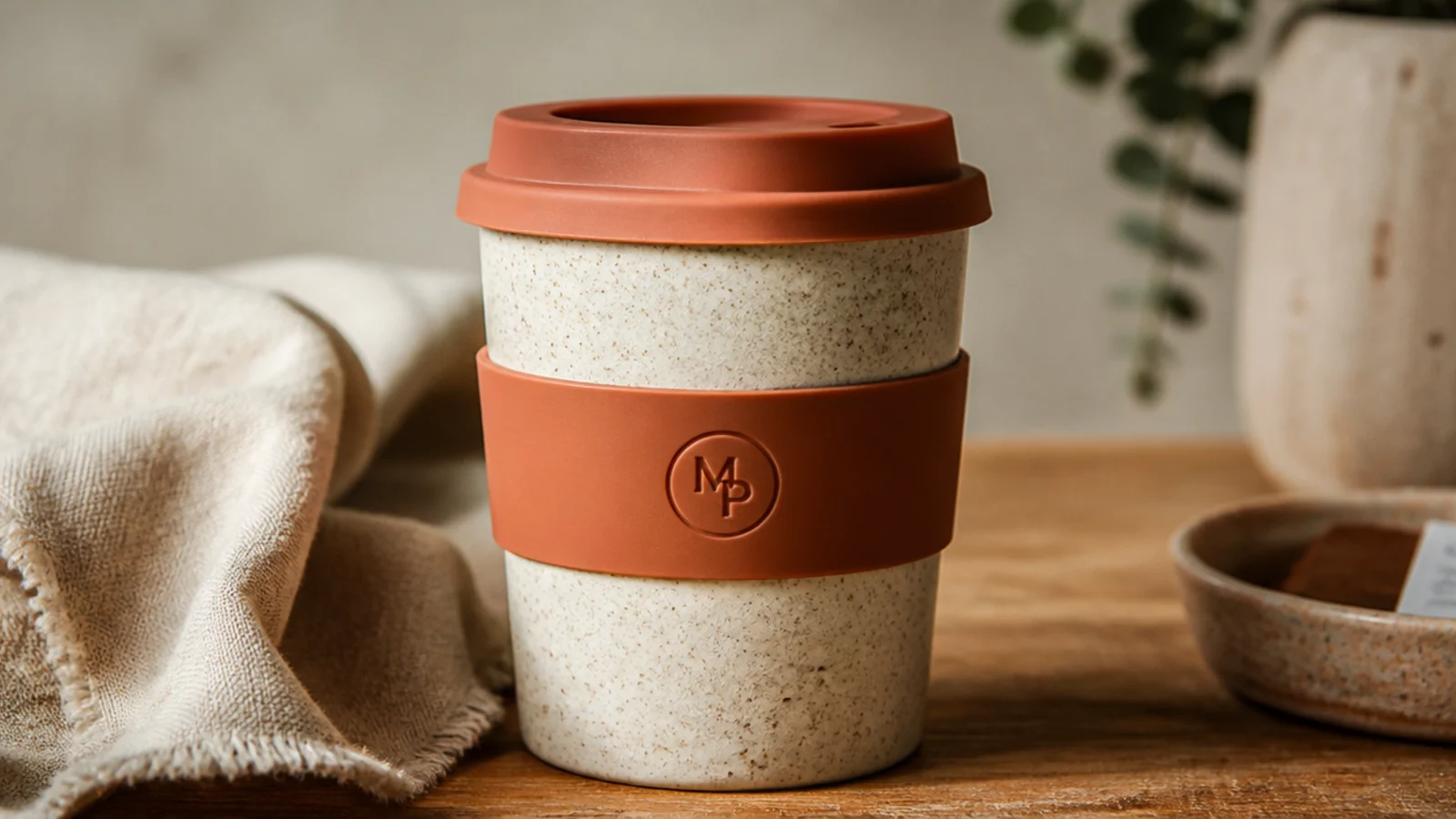 A handmade straight-sided stoneware keep-cup in speckled cream glaze with a snug terracotta silicone lid and matching band, clean cylinder shape.