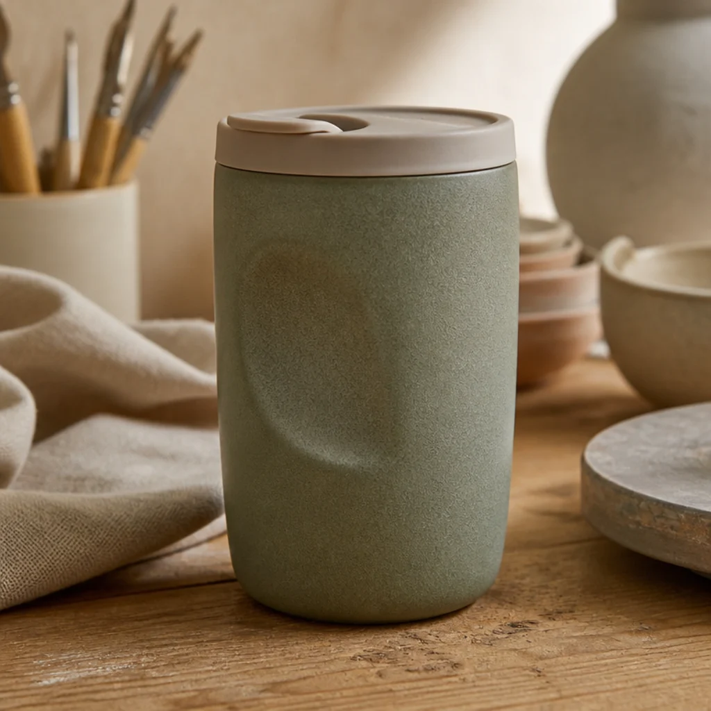 A sleek wheel-thrown stoneware keep-cup in matte sage with a subtle carved thumb rest on one side and a fitted cream silicone lid, ergonomic shape.