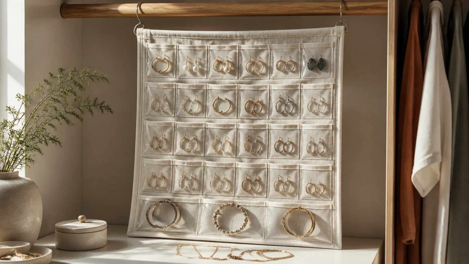 A hanging fabric panel with rows of clear pockets on a closet rod, each pocket holding earrings, rings, or a bracelet.