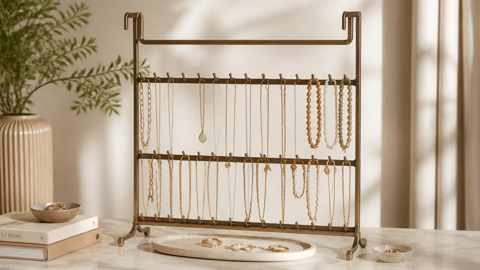 A slim metal hook rack hooked over the top of a bedroom door, necklaces and bracelets hanging from its rows of hooks.
