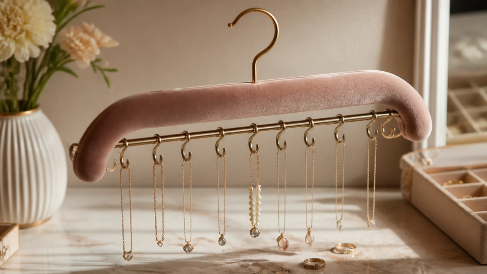 A padded velvet hanger on a closet rod with small S-hooks along the bar, each holding a hanging necklace.