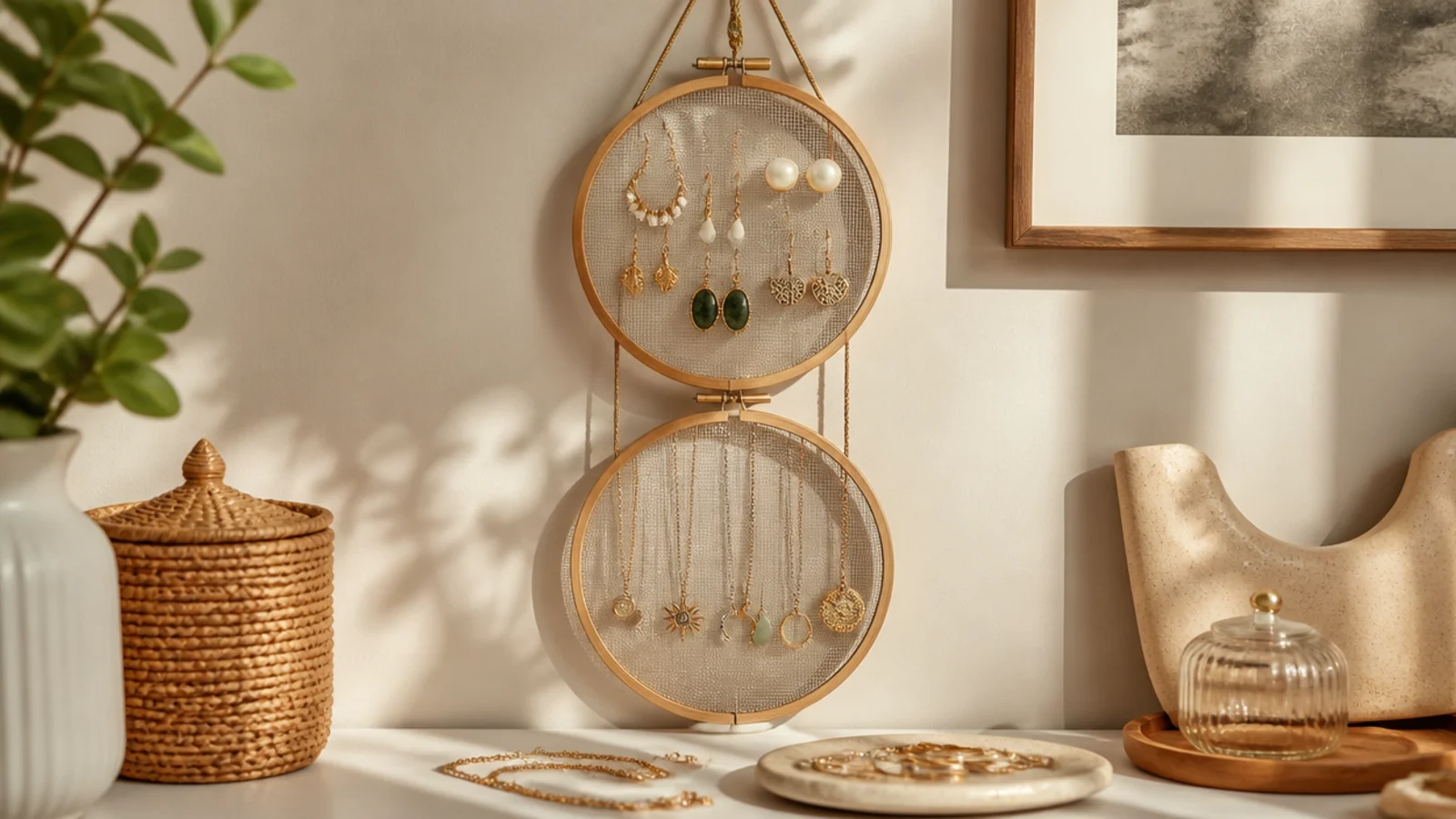 Two embroidery hoops with mesh, hung one below the other on cords from a ceiling hook, holding earrings and necklaces.