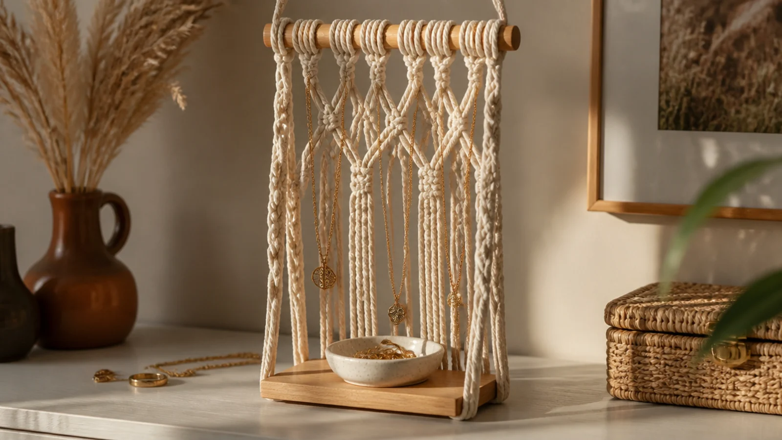 A macrame hanger holding a small wooden shelf with a ring dish, necklaces looped through the cords beside it.