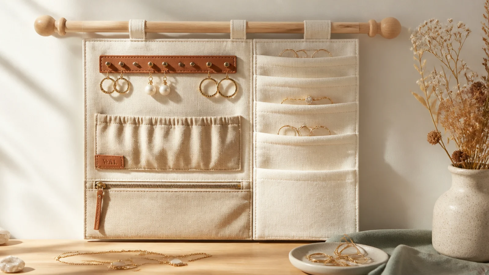 A fabric organizer with pockets and loops hanging from a dowel, some pockets holding rings and loops holding earrings.