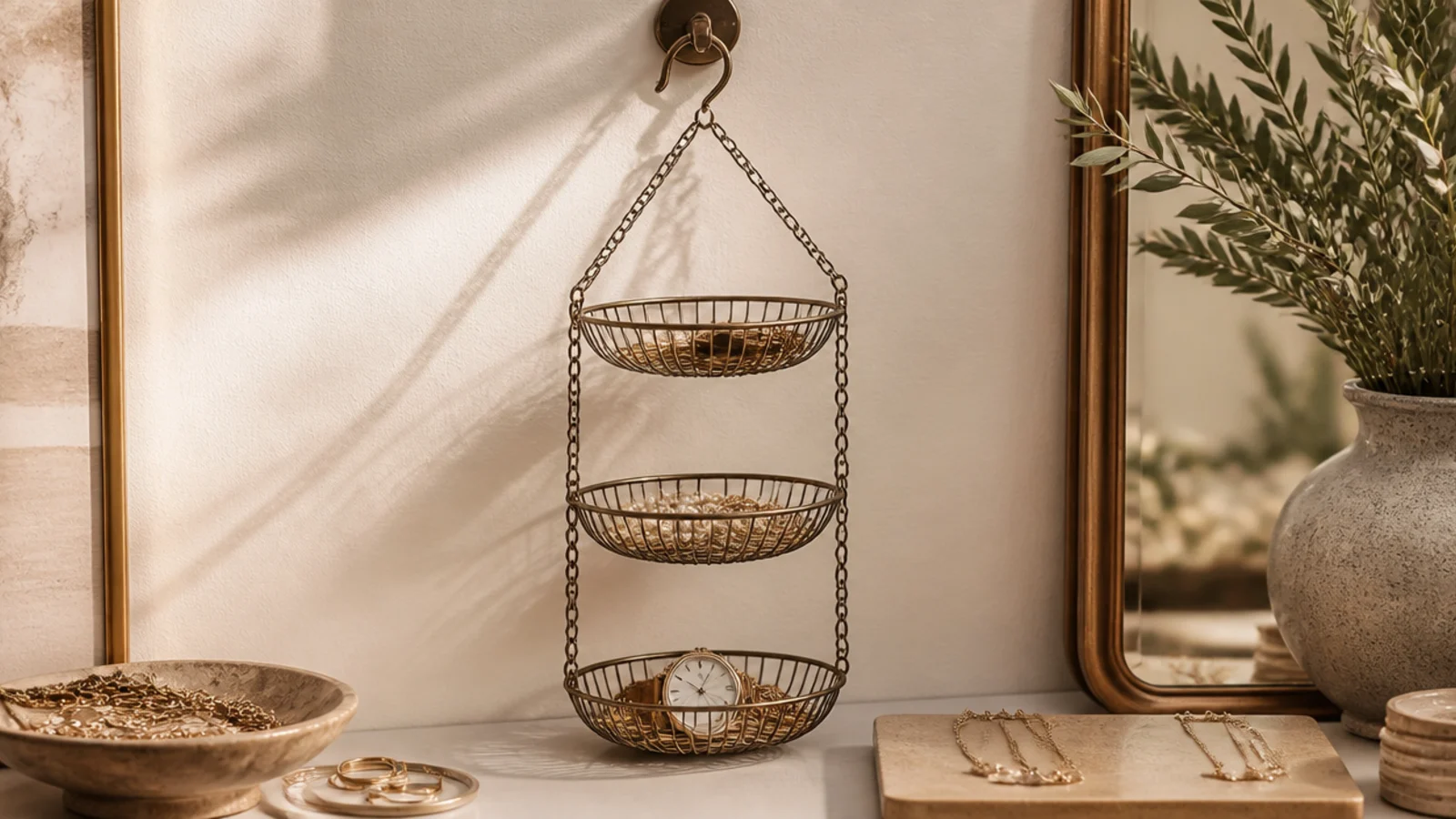 A vertical column of three small wire baskets hung on a chain from a hook, each basket holding different jewelry.