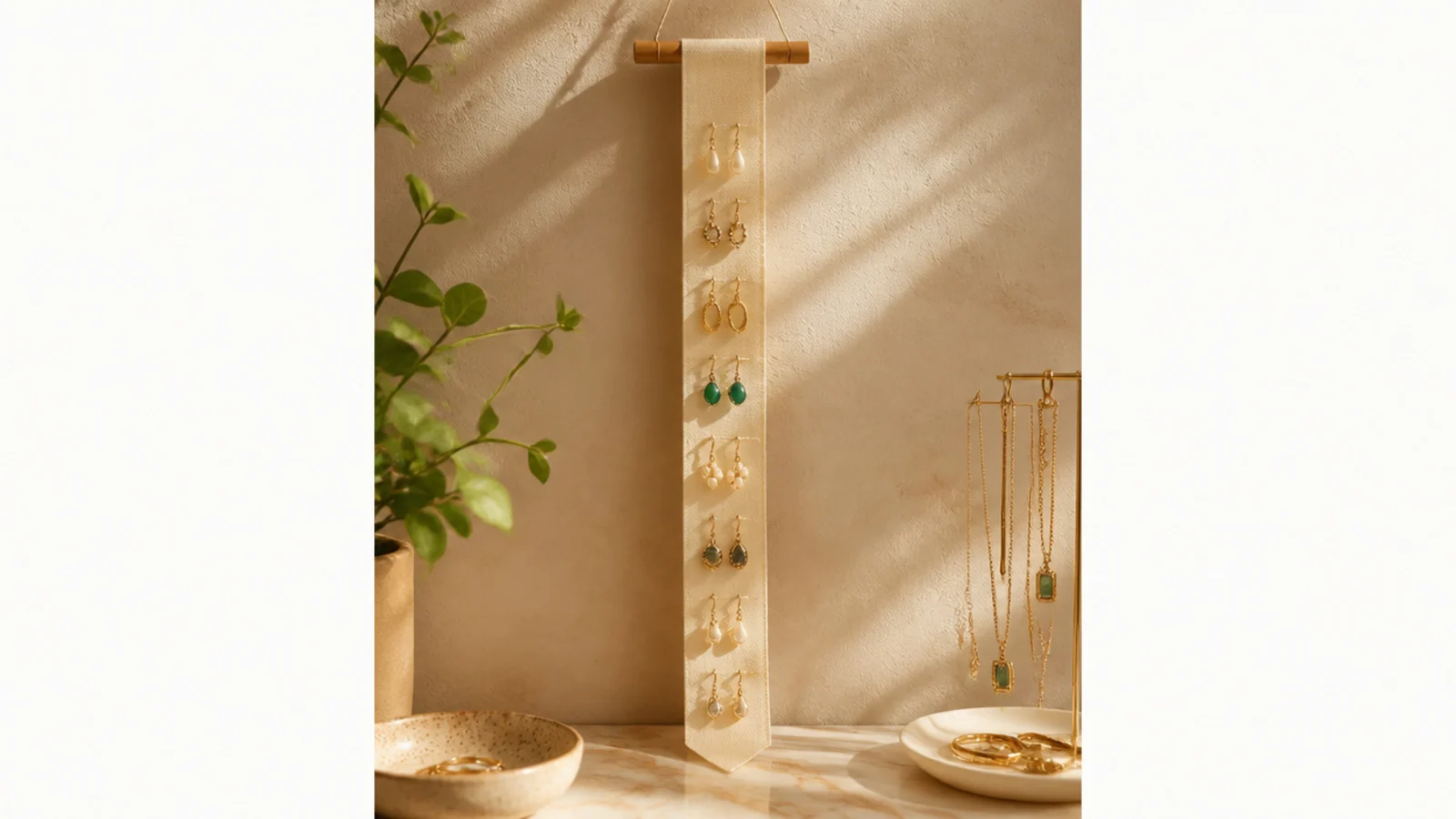 A long vertical ribbon strip hung on the wall with dangle earrings hooked along its length in a single column.