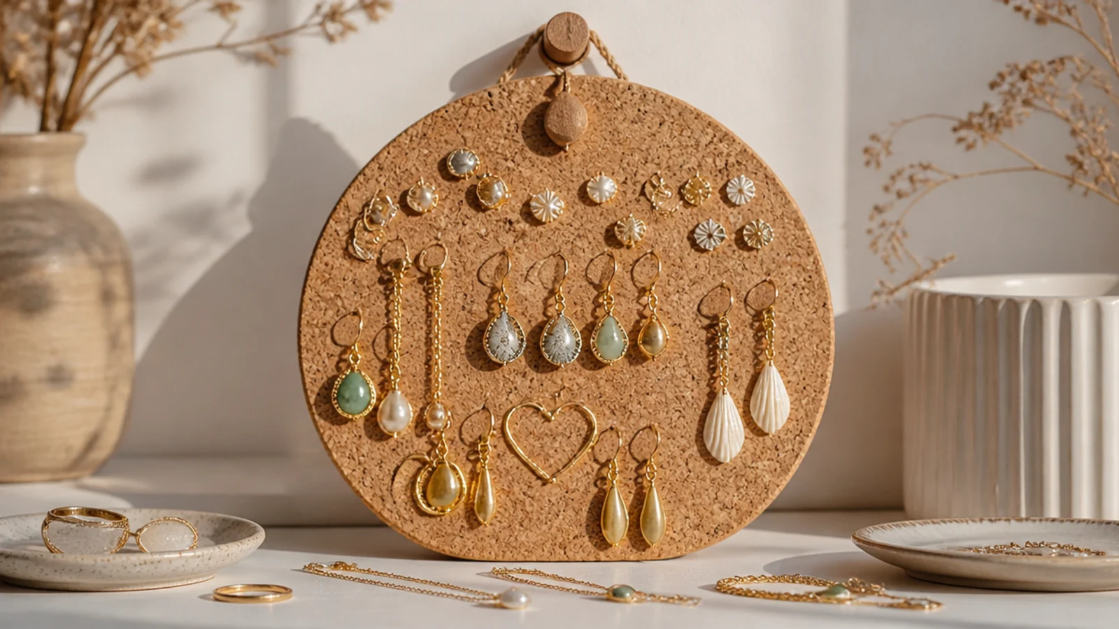 A round cork trivet hung on a cord from a hook, dangle earrings and pinned studs arranged across its face.