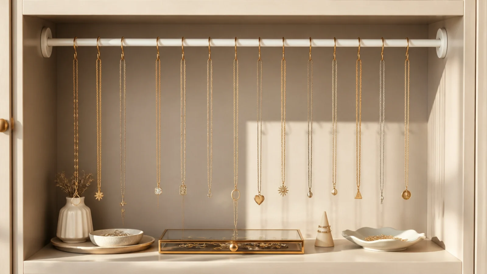 A tension rod mounted inside a cabinet or nook with S-hooks along it, necklaces hanging down in a row.