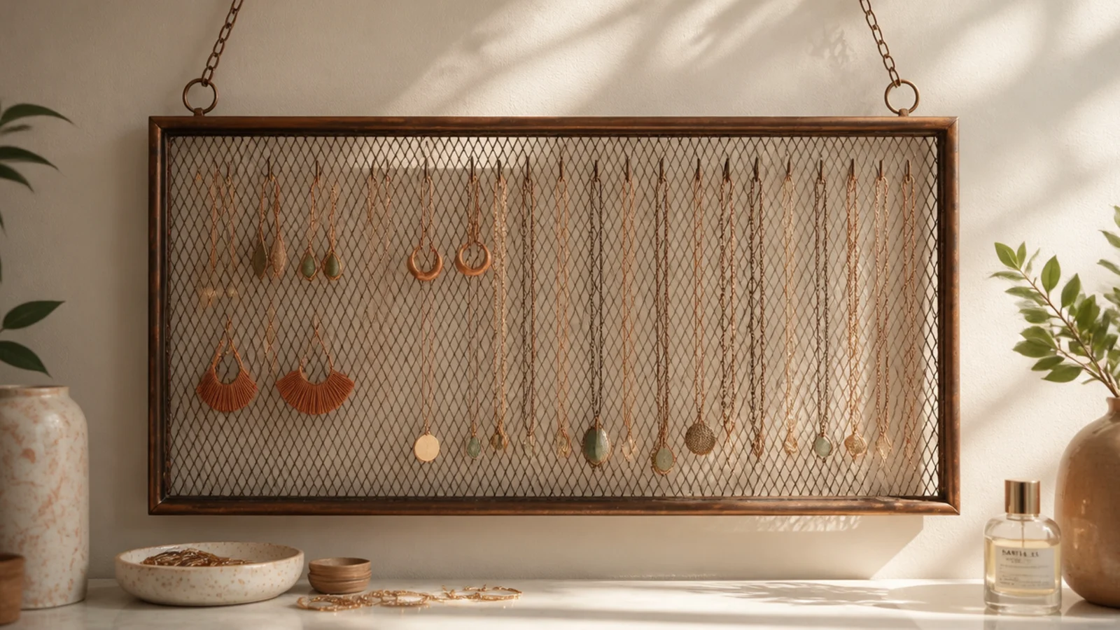 A mesh-backed frame suspended from two chains against the wall, holding earrings and hooked necklaces.