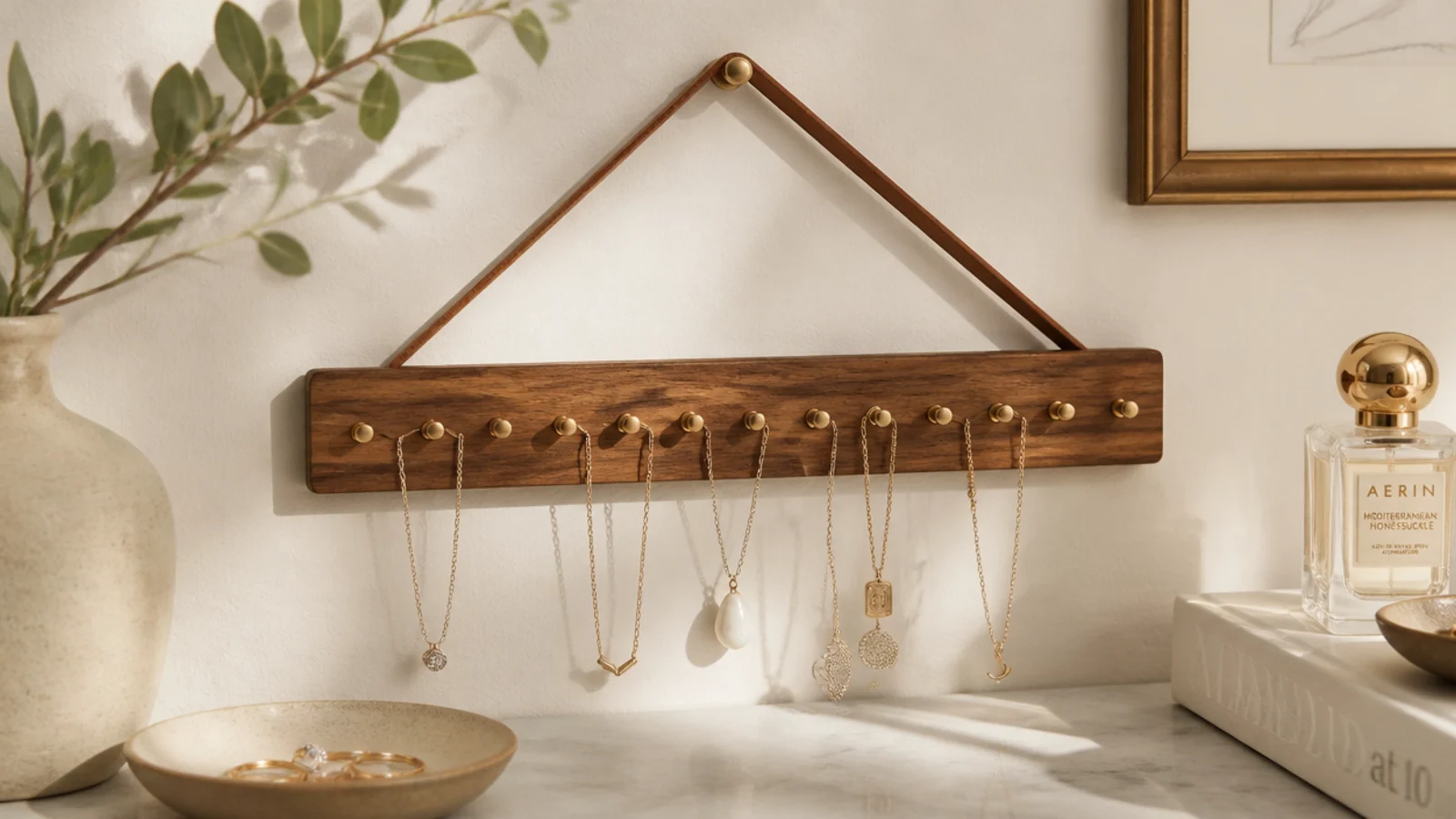A narrow wooden board with a row of pegs, hung from a leather loop on a hook, necklaces on the pegs.