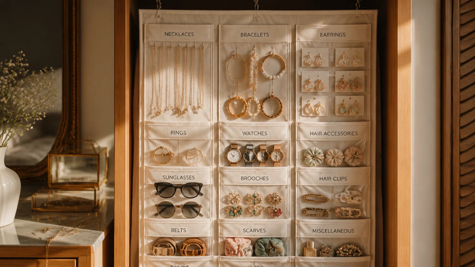 A tall fabric organizer with many small labeled pockets hanging inside a wardrobe, each pocket sorted by type.