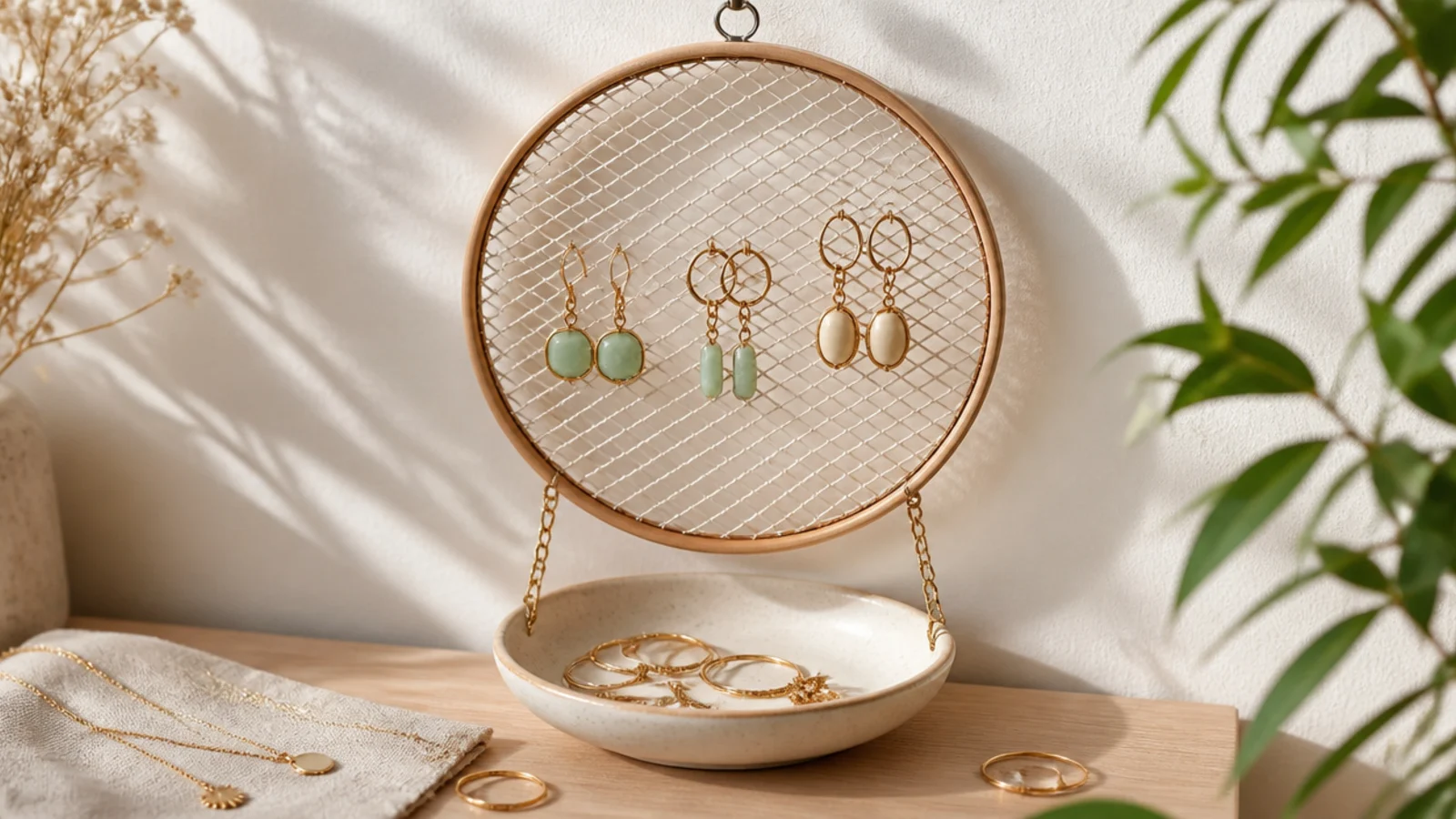 A single embroidery hoop with mesh hung on the wall above a small hanging dish, earrings on the hoop and rings in the dish.