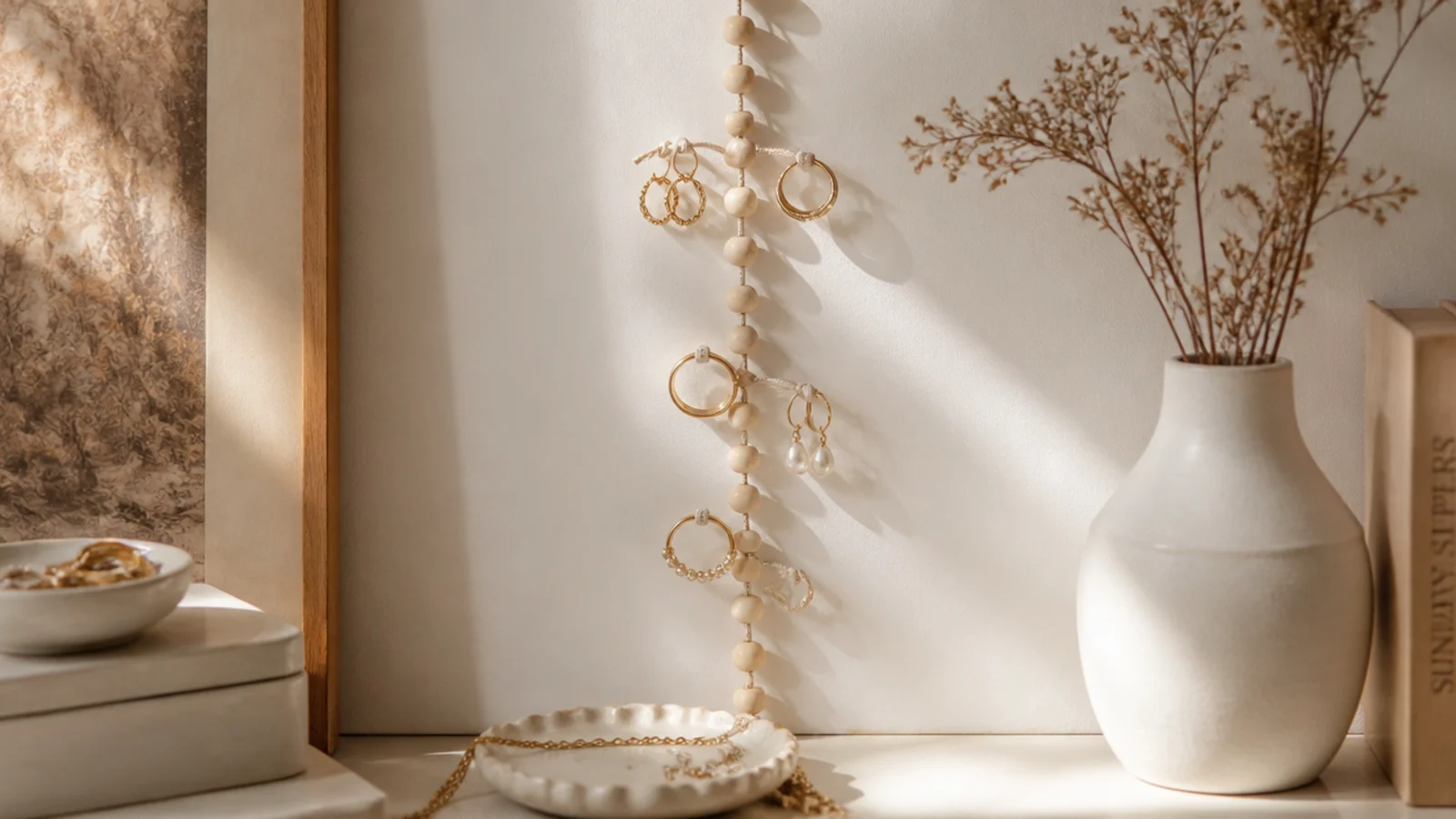 A decorative beaded strand hung vertically on the wall with small loops between beads holding rings and earrings.
