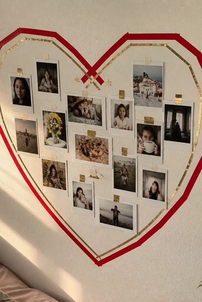 A heart outline made with washi tape framing scattered photos