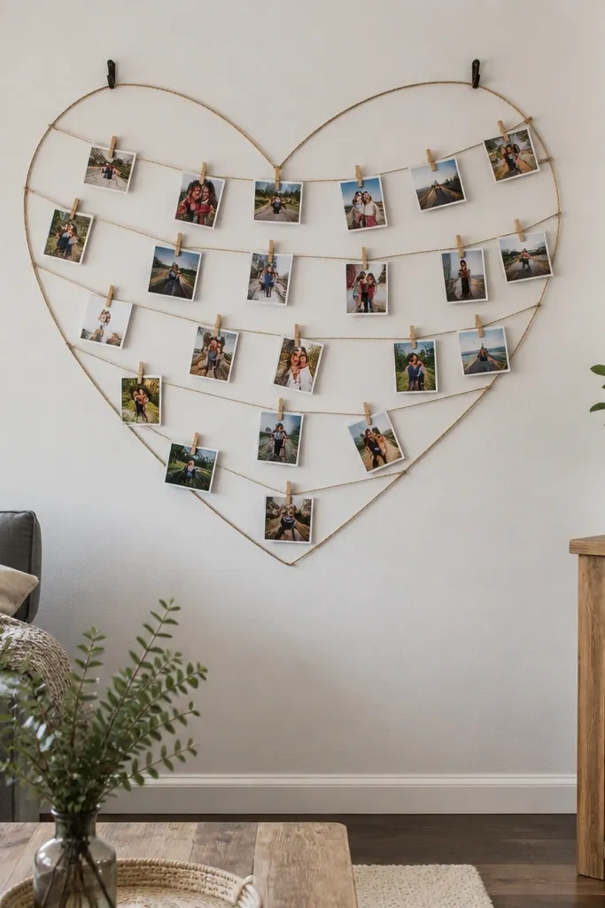 Photos clipped along a heart-shaped string line
