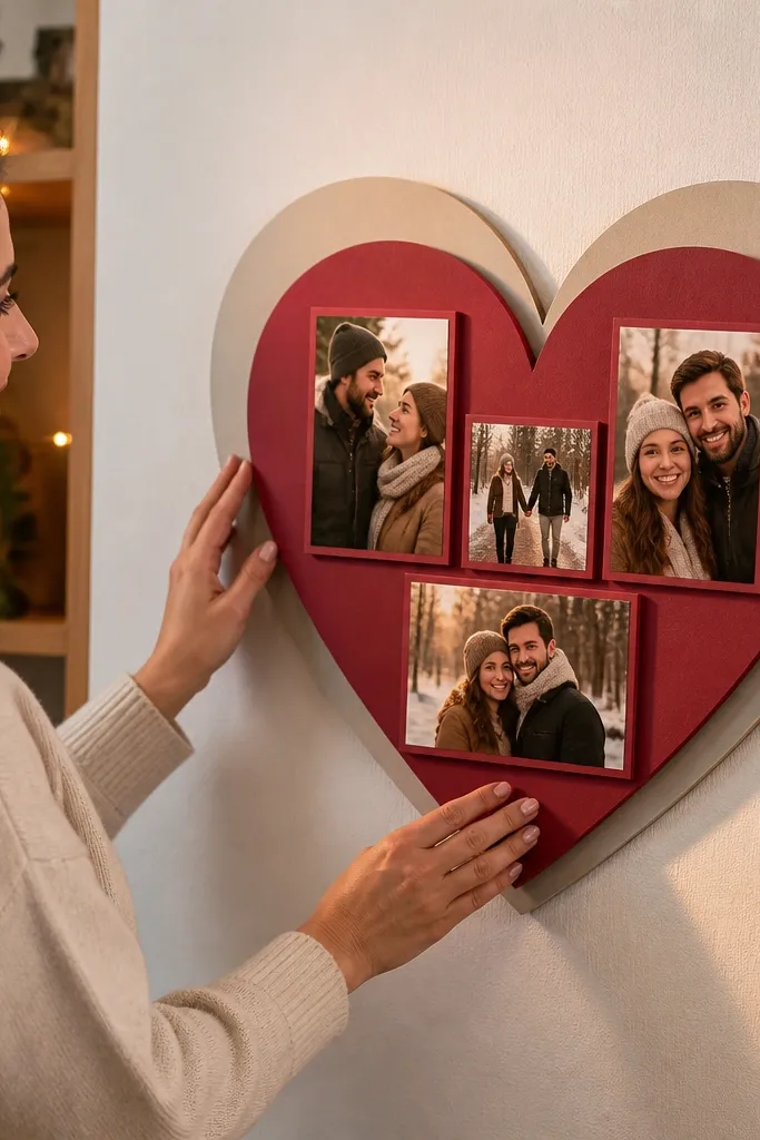 A layered heart shape with two border colors and stacked photos