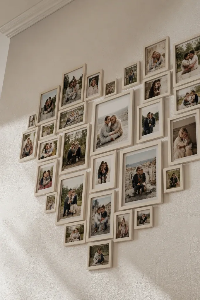 Photos tilted in diagonal frames forming a heart at the corner