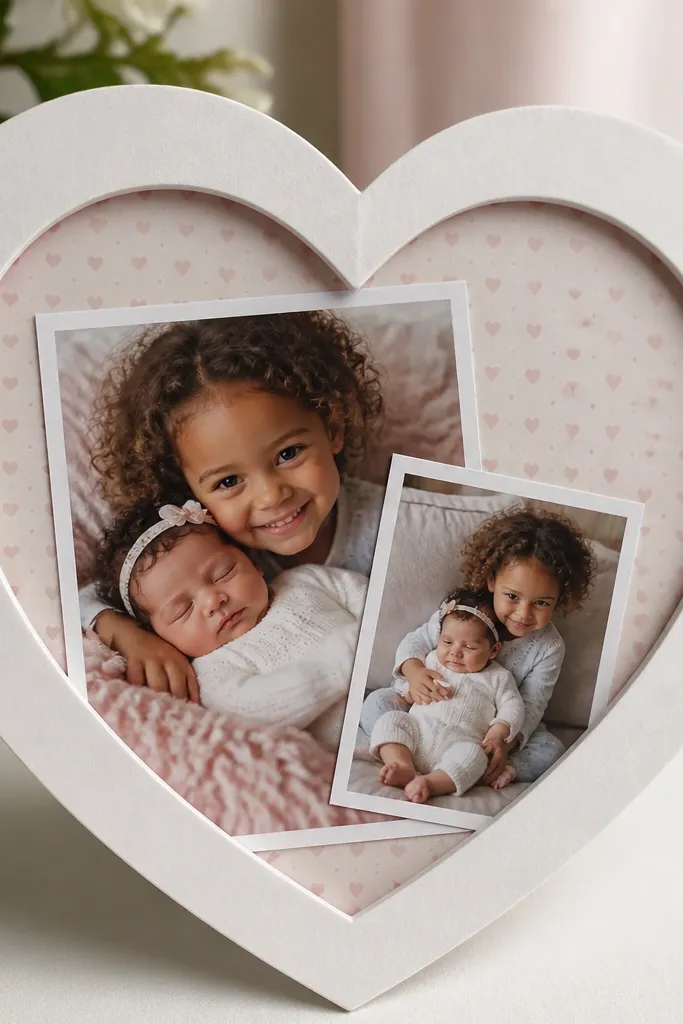 Photos inside a heart frame on patterned scrapbook paper