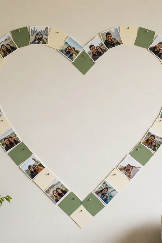 Photos arranged in a heart shape with pairs and small month markers