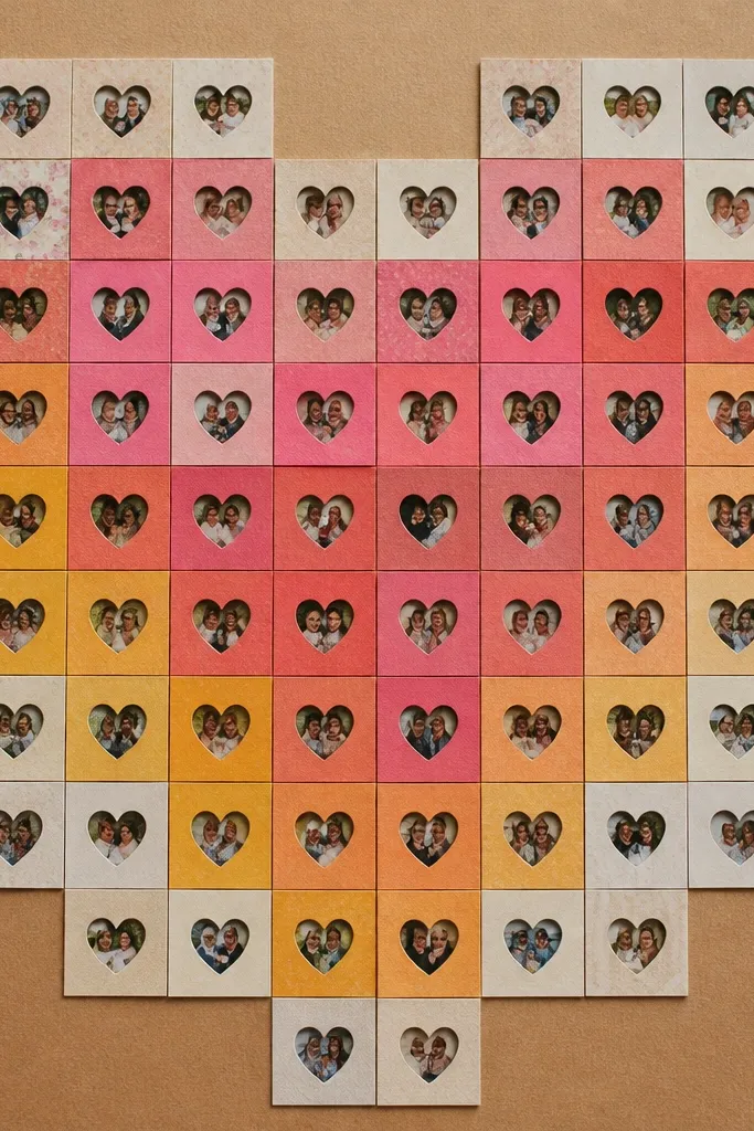 Small heart-shaped frames around individual photos in a grid