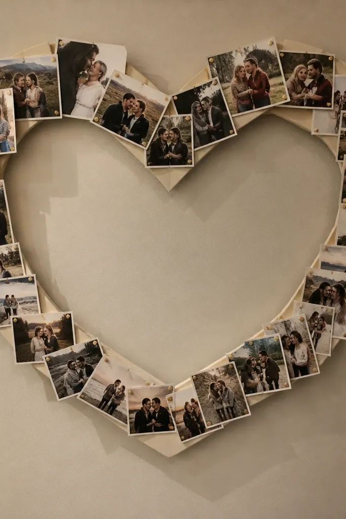 A heart wreath of photos pinned to a foam board base