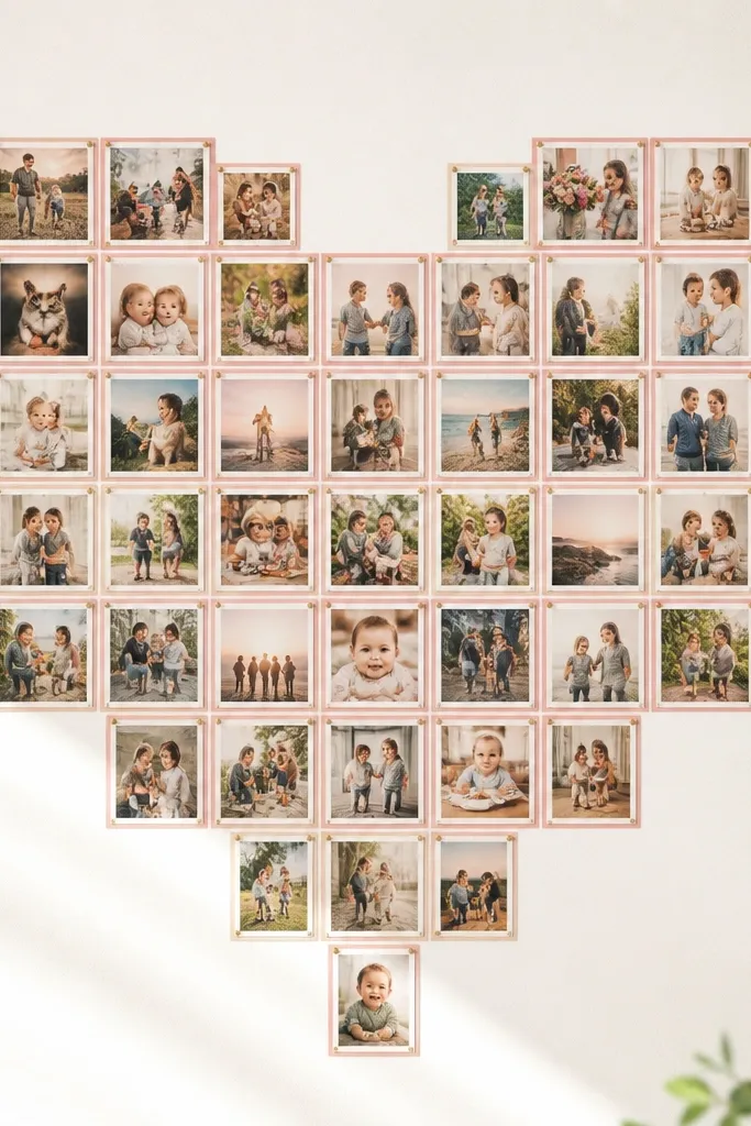 A grid of photos arranged in a heart shape with matching colored borders