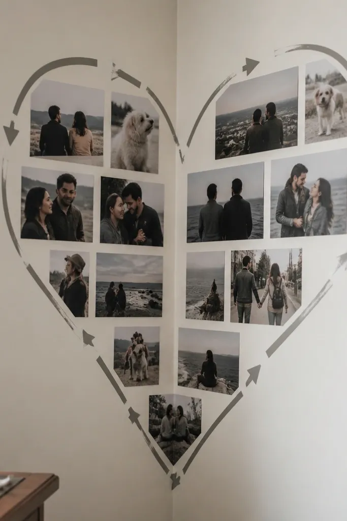 A heart-shaped collage with small arrow accents pointing between photos