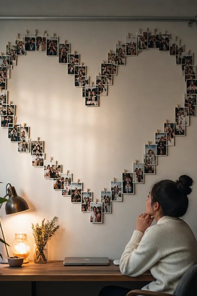 A heart shape formed by hanging strips from a rail